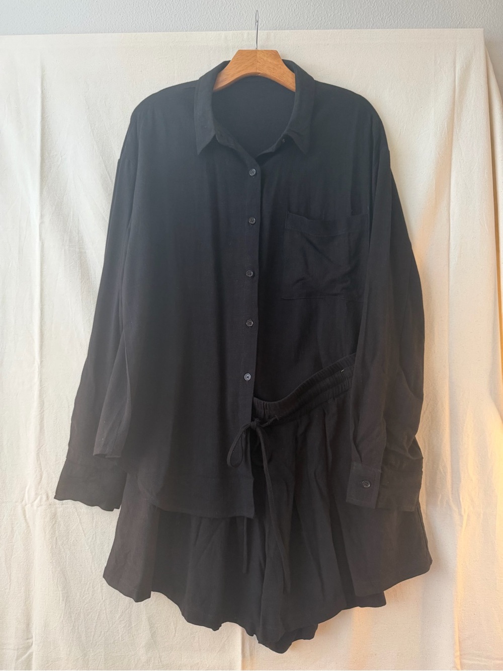 High-Waist Black Women's Button Down & Shorts Set with Drawstring